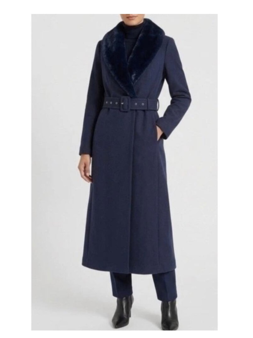 NWT Naked Wardrobe Navy Faux Fur Belted Longline Trench Coat